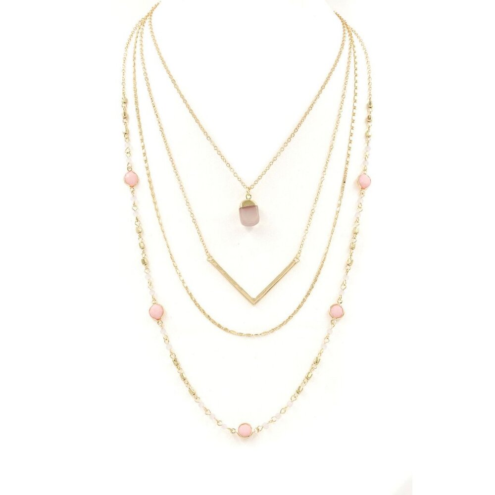 TRENDING FASHION Layered Style Rose Opal Acrylic Stone Goldtone Necklace NWT
